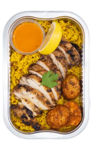 Jerk chicken with saffron rice